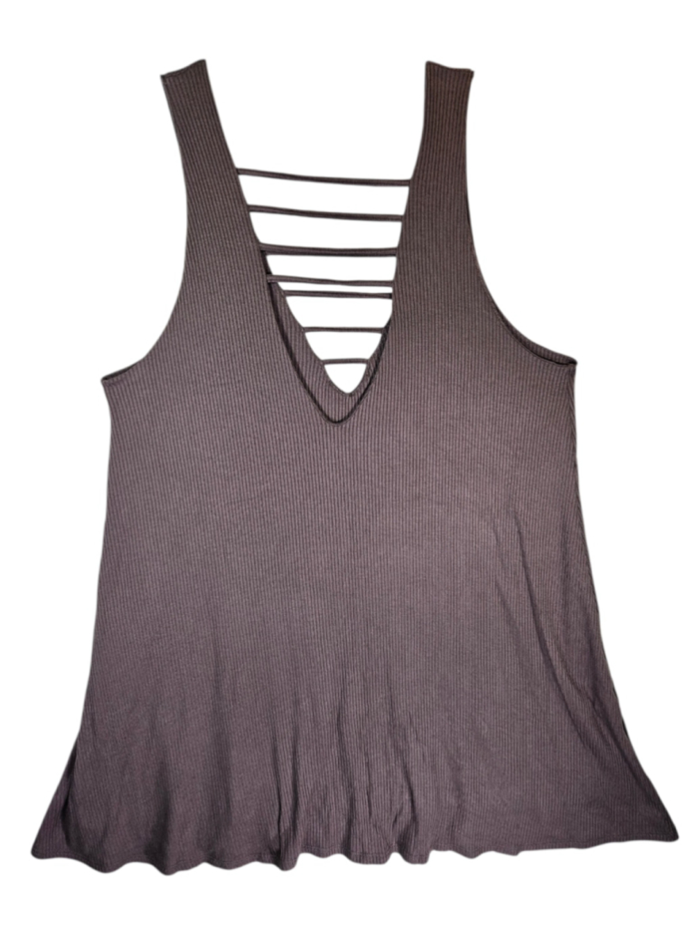 Lucy Love Brown Rib Knit Swing Dress Sleeveless Strappy Back Size M